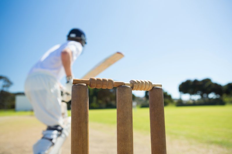 Cricket, batter stood in front of wicket shot from behind Stock Image