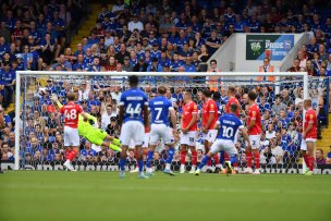 Conor Chaplin scores a free-kick against Barnsley in August