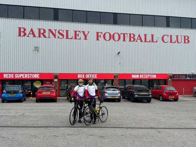 Robert and Frank Campbell at Oakwell as part of their epic six club bike tour.