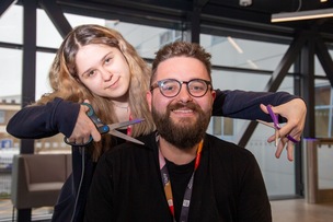 BEARD FOR SALE: Student Chloe Pearson with college lecturer Lee Barber  Picture Shaun Colborn PD093063
