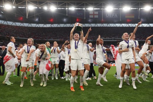 Barnsley woman Bethany England with the Euros trophy. Picture: Getty