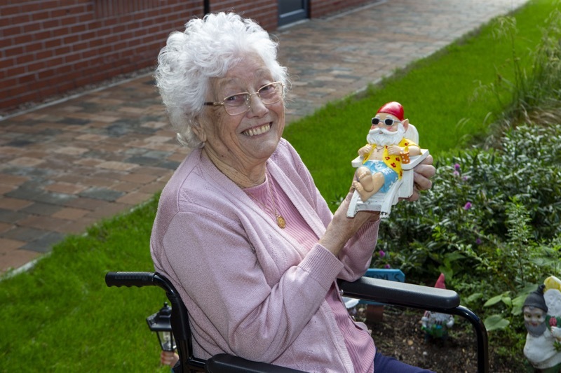 Home for Gnomes: Beryl Kershaw with the donated Gnomes at the Sid Bailey Brampton care home. Picture Shaun Colborn PD092389