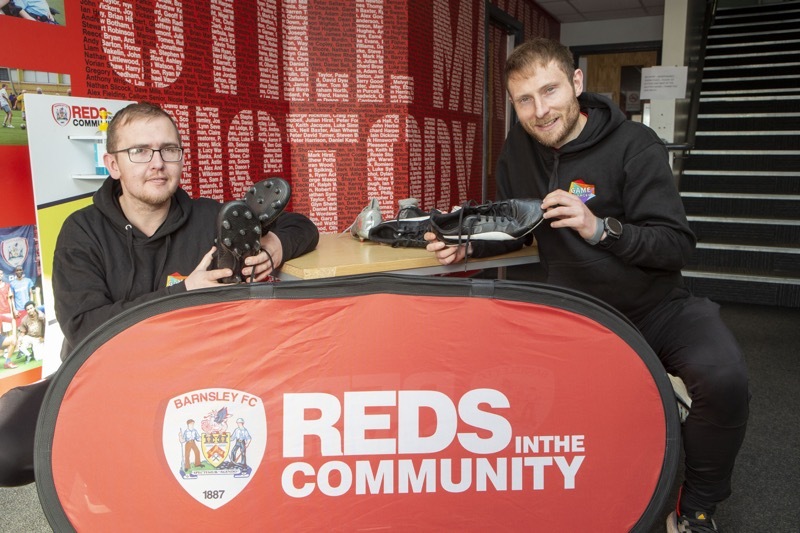 Game Changer: Football boot donations to help people get into sport are being launched at hub’s around barnsley, Gavin Frost and Gareth Cooke launch the event at the Oakwell academy. Picture Shaun Colborn PD091887