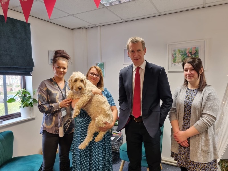 from L-R) Art Psychotherapist Lucy Harrison, Lucy (dog), co-founder of eQuipt and Play Therapist Sandra Georgeson, Dan Jarvis MP and mother of a child using eQuiPT services Katie Popple.
 