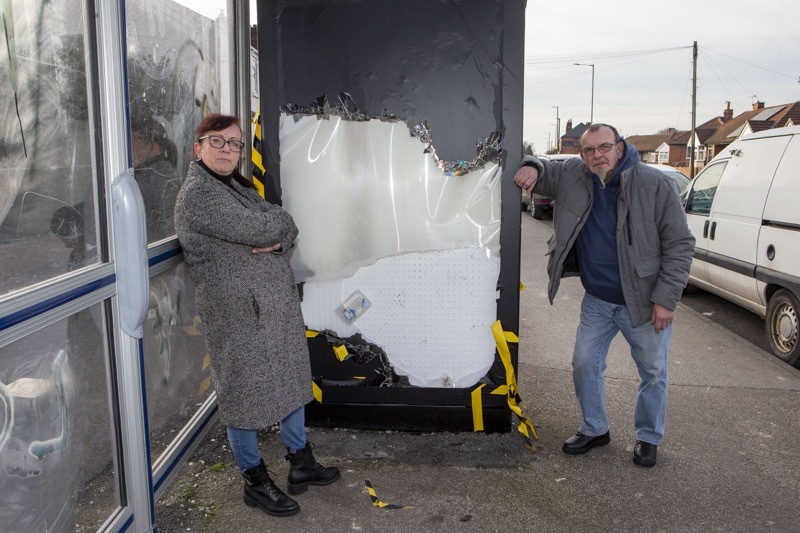 Shelter attack: Thurnscoe has seen a spate of attacks and damage to bus shelter running into thousands of pounds  pictured Coun Sue Bellamy and Martin Morrell. Picture Shaun Colborn PD091873