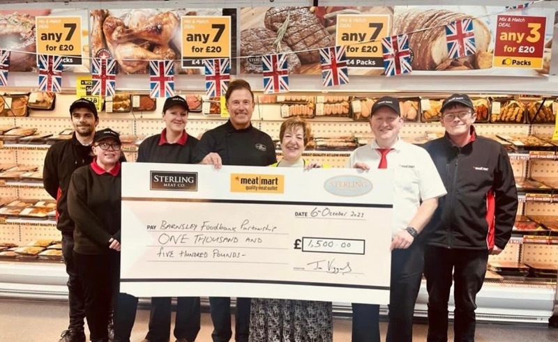 Meat Mart employees with Jim Viggers, donating funds to Barnsley Foodbank Partnership’s Suzanne Storey.