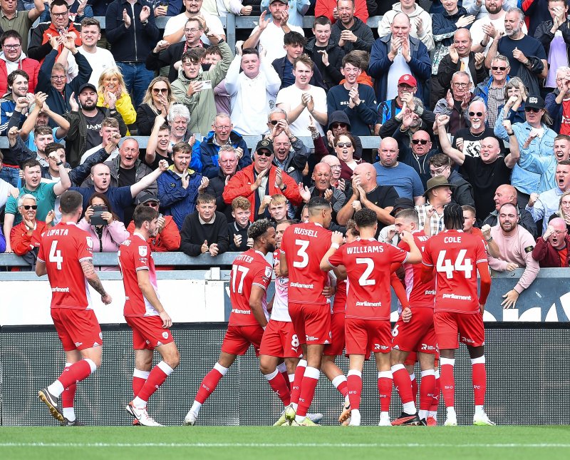 Barnsley celebrate at Bristol Rovers in August