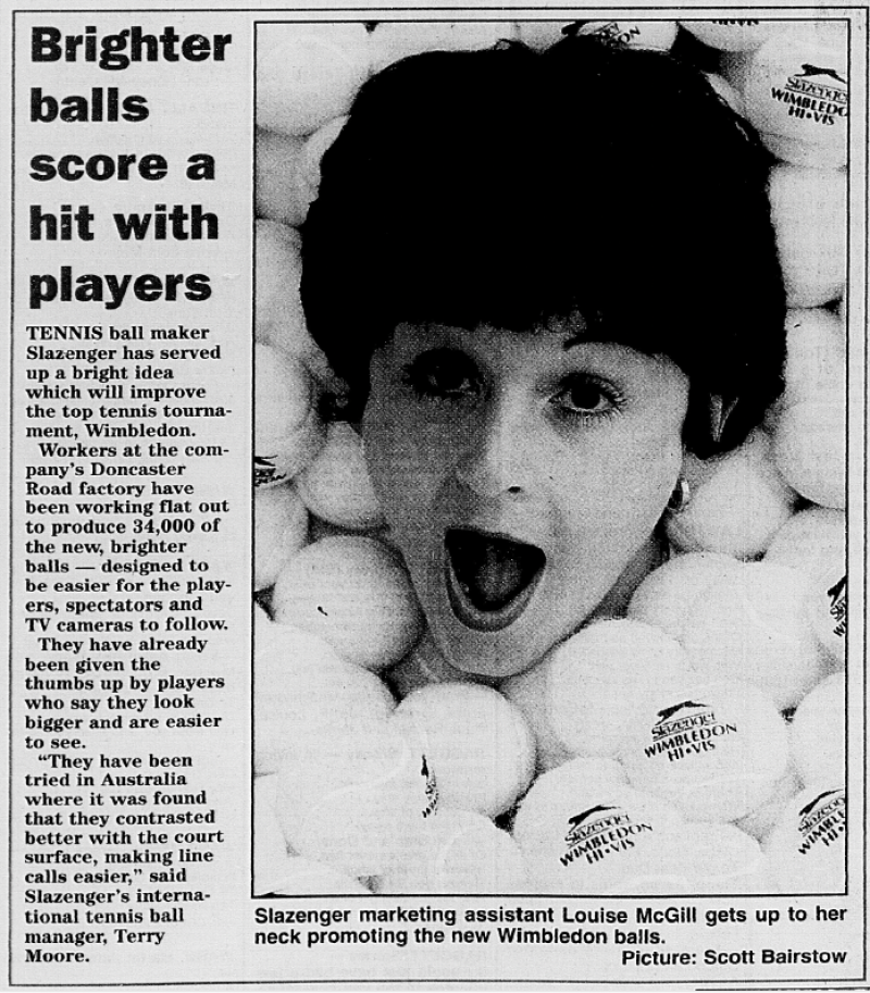 Slazenger marketing assistant Louise McGill gets up to her neck promoting the new Wimbledon balls.