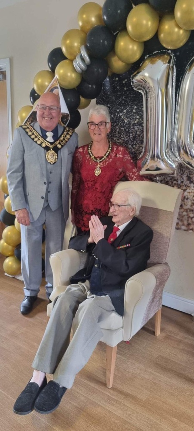 CENTURION: Mayor of Barnsley Coun Mick Stowe with his wife Elaine, and birthday boy Gerrard.