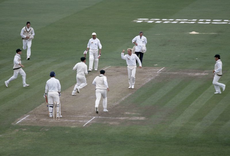 Dickie Bird watches as Shane Warne bowls Mike Gatting. Picture: Getty