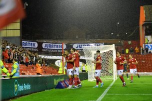 Barnsley celebrate during their 3-0 win over the Gas in August
