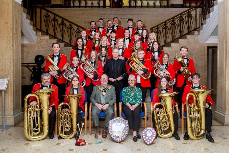 TOP BRASS: Barnsley Met brass band, celebrate their recent victory, by becoming guests of the Mayor of Barnsley in the town hall. Picture Shaun Colborn PD092972
