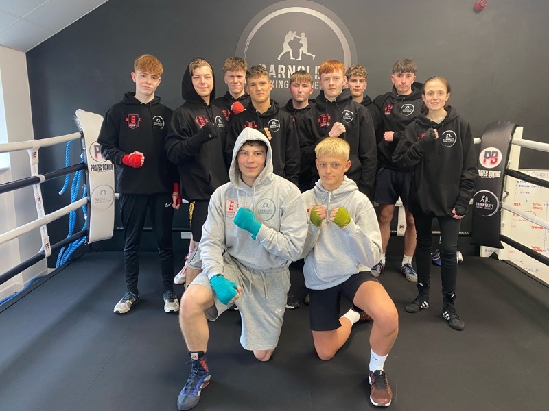 Callum Hall and Charlie Harford with other youngsters at the Barnsley Boxing Gym.
