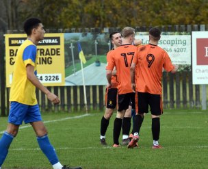 Wombwell Main celebrate their goal at Stocksbridge. Picture: Dave Poucher.