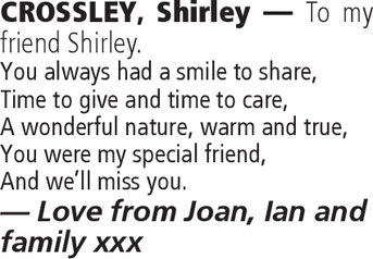 Notice for Shirley Crossley