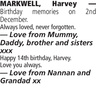 Notice for Harvey Markwell
