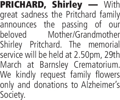 Notice for Shirley Prichard