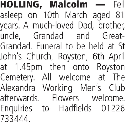 Notice for Malcolm Holling