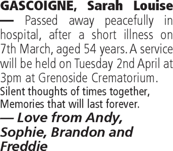 Notice for Sarah Louise Gascoigne